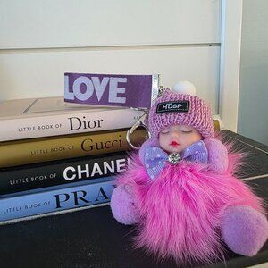Cute Baby Sleeping Keychain with LOVE tag, Plush rabbit fur, Bag Charm,